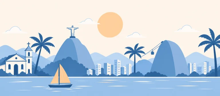 Illustrazione: il Cristo Redentore sul Corcovado, il Pan di Zucchero con la funivia, una chiesa coloniale, le palme, i palazzi sul lungomare e una barca a vela