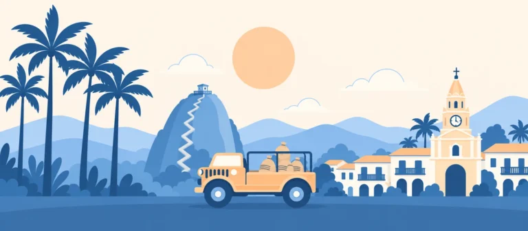 Illustrazione: la Piedra del Peñol con la scalinata, la torre dell'orologio di Cartagena, case coloniali con i balconi, le palme di cera e una jeep carica di sacchi di caffè