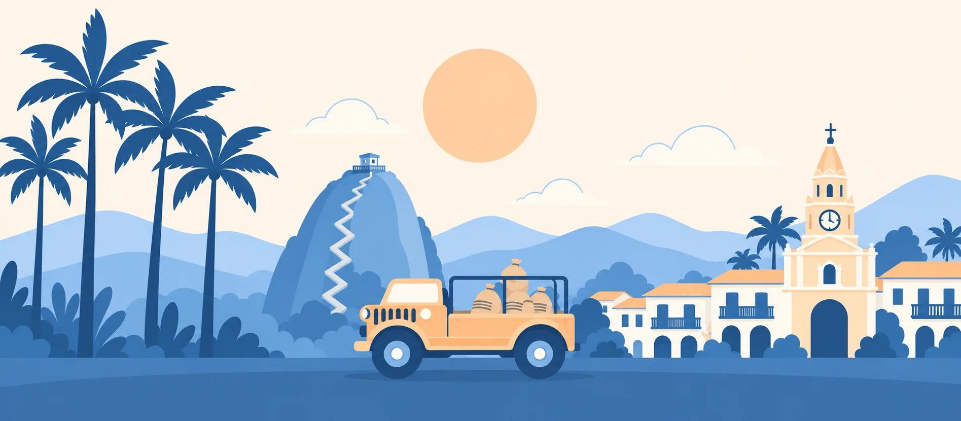 Illustrazione: la Piedra del Peñol con la scalinata, la torre dell'orologio di Cartagena, case coloniali con i balconi, le palme di cera e una jeep carica di sacchi di caffè
