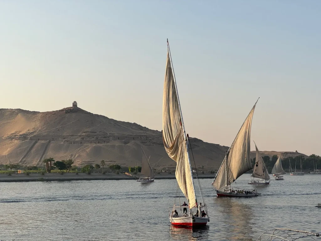 Le feluche sul Nilo ad Aswan, nel tardo pomeriggio. Ottobre 2023.