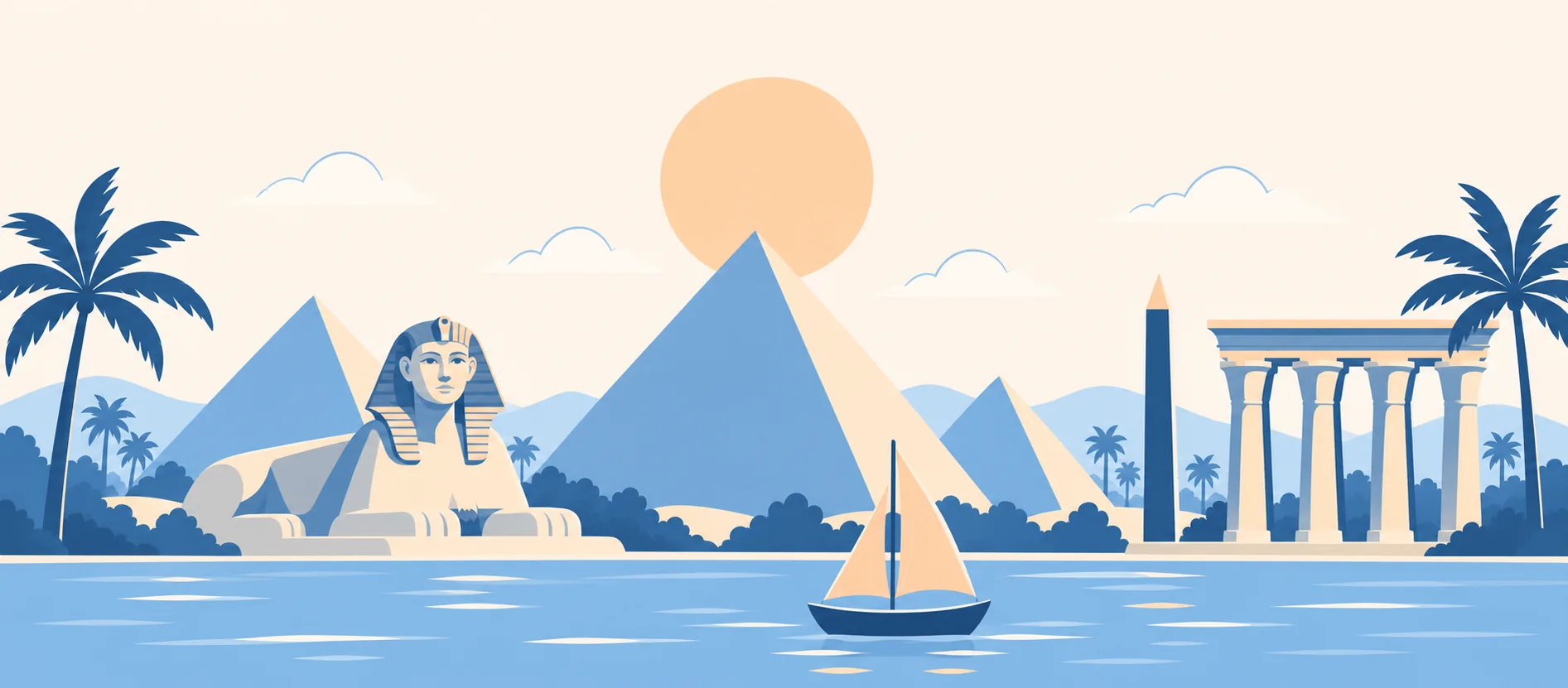 Illustrazione: le piramidi di Giza con il sole dietro la più alta, la Sfinge, un obelisco, un colonnato egizio, le palme e una feluca sul Nilo