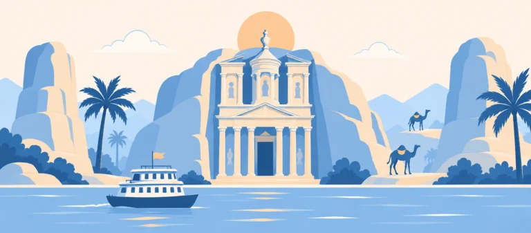 Illustrazione: il Tesoro di Petra scavato nella roccia rosa, le pareti di arenaria, le palme, due cammelli e un battello