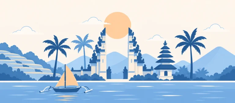 Illustrazione: la porta divisa di un tempio balinese con il sole nel mezzo, un tempio a tetti sovrapposti, le risaie a terrazza, i vulcani sullo sfondo e una barca a bilanciere