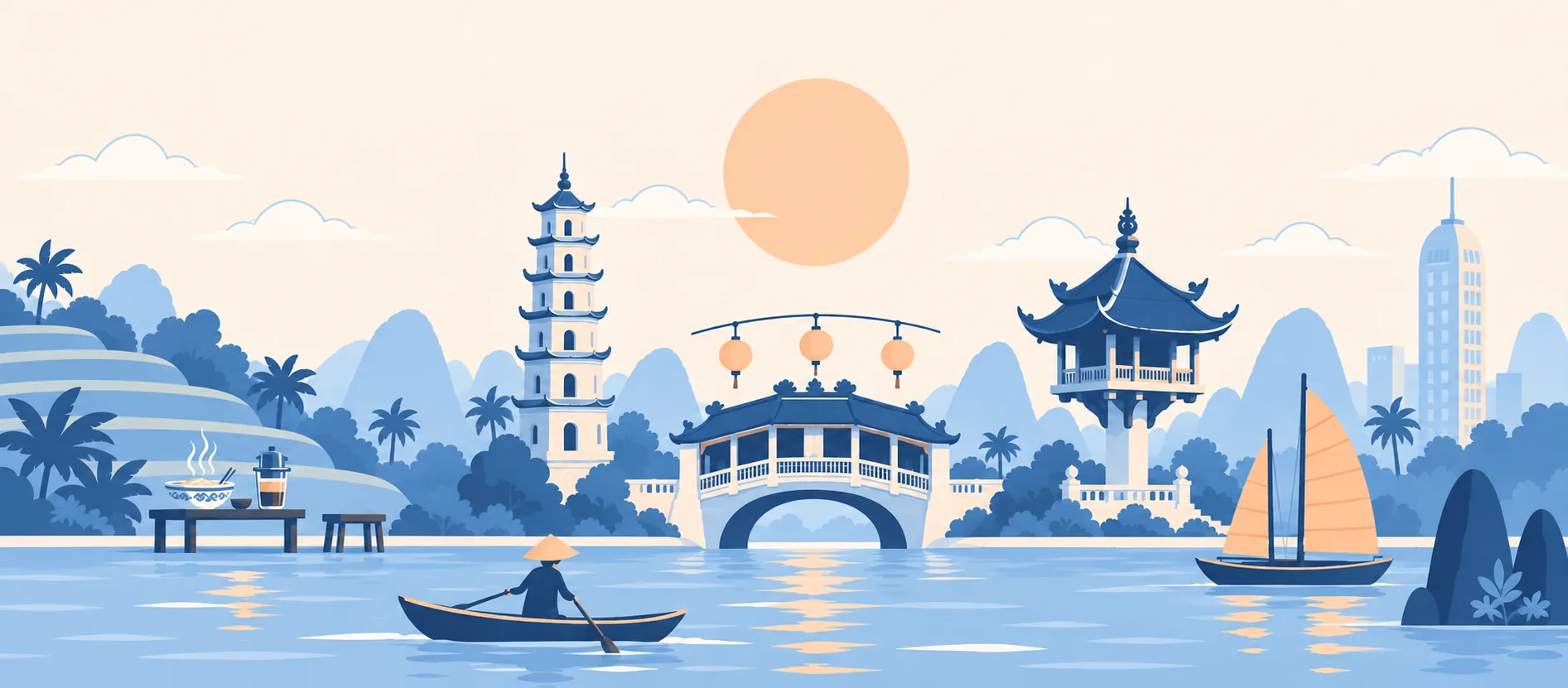 Illustrazione: il ponte coperto di Hoi An con le lanterne, la pagoda di Thien Mu, la pagoda a pilastro unico di Hanoi, le risaie a terrazza, un banchetto con pho e caffè, una barca con il cappello conico e una giunca fra i faraglioni