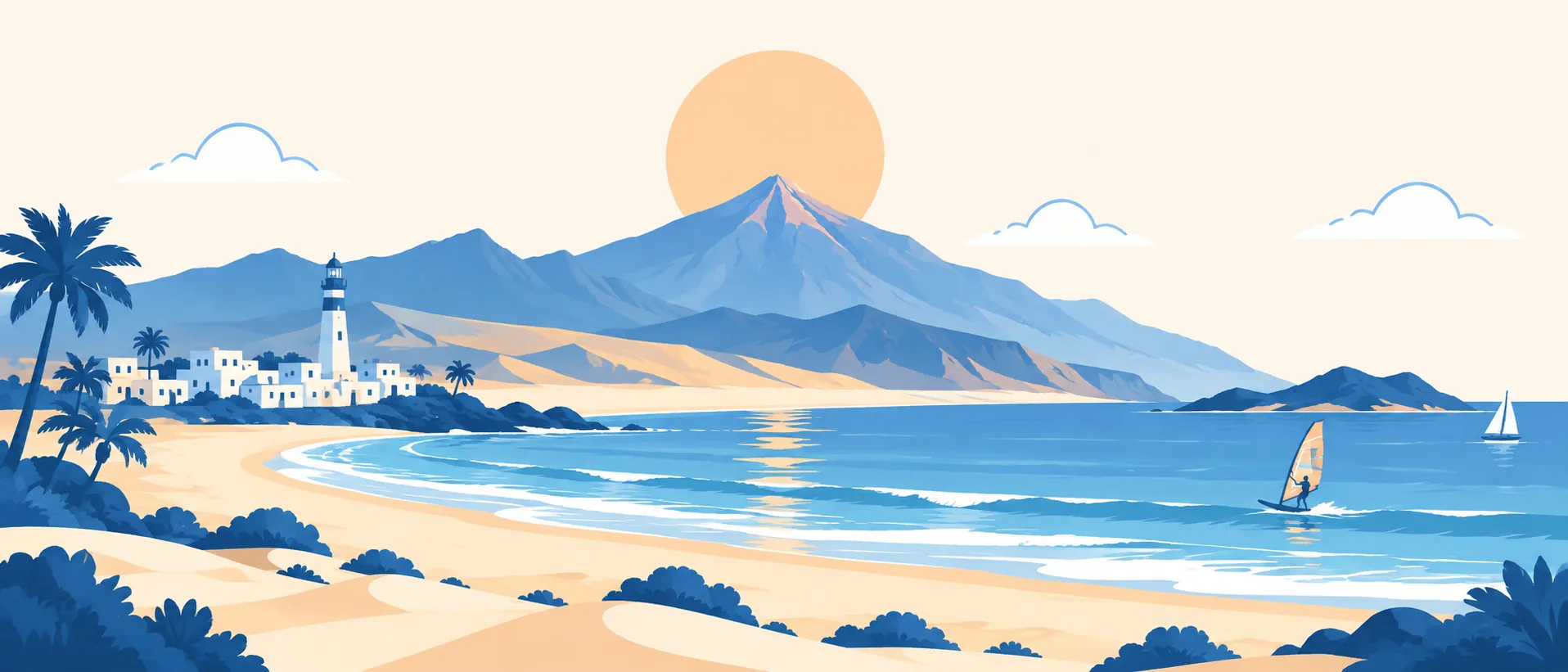 Illustrazione: le dune di Corralejo, il faro e le case bianche di El Cotillo, il Teide sullo sfondo e un windsurf sull'oceano