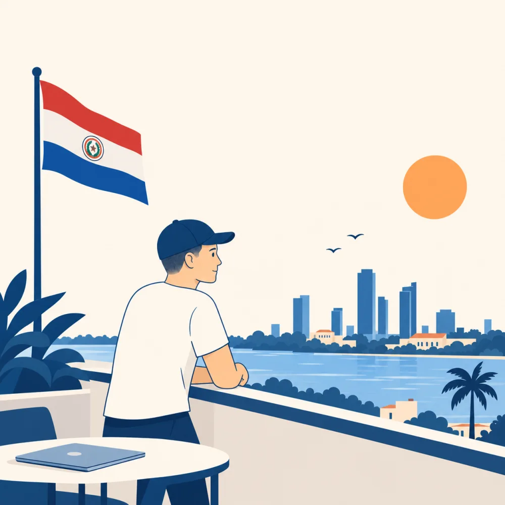 Christian su una terrazza in Paraguay con la bandiera e lo skyline