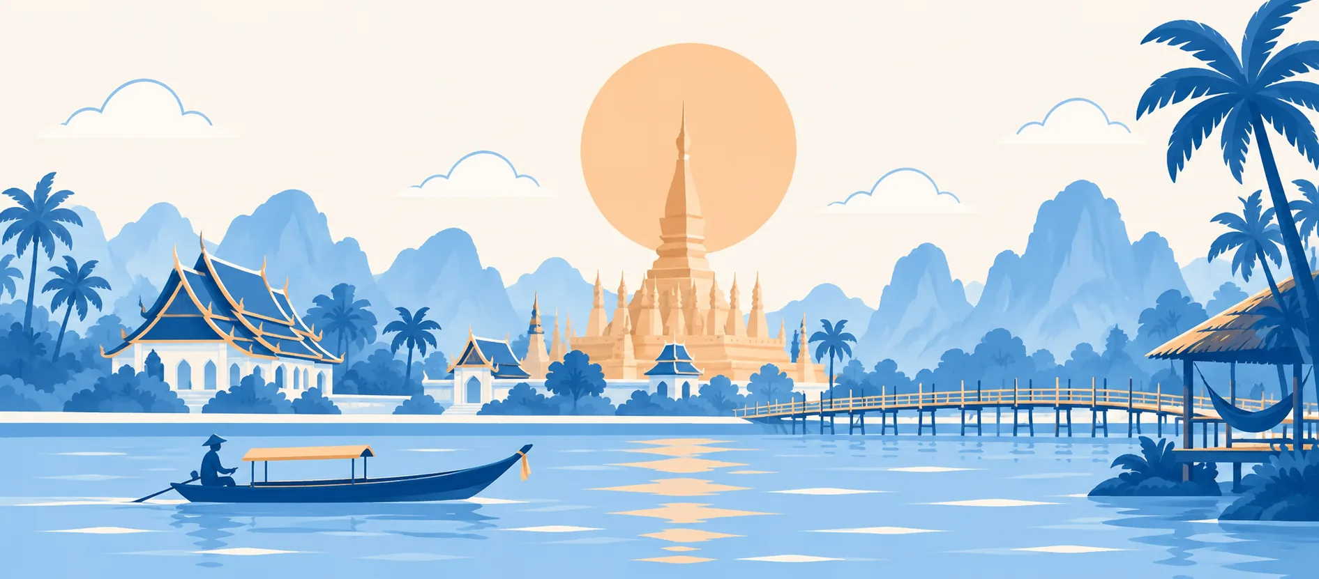 Illustrazione: lo stupa del Pha That Luang, un tempio di Luang Prabang, il ponte di bambù, le montagne di Vang Vieng e una barca sul Mekong