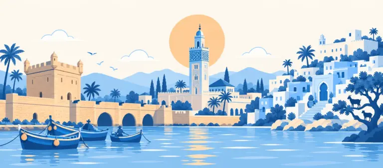 Illustrazione: il minareto di Fès, i bastioni e le barche blu di Essaouira, le case azzurre di Chefchaouen e un albero di argan con le capre