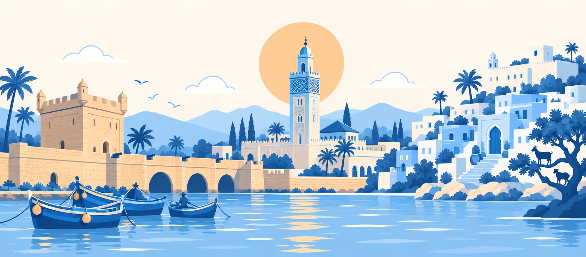 Illustrazione: il minareto di Fès, i bastioni e le barche blu di Essaouira, le case azzurre di Chefchaouen e un albero di argan con le capre