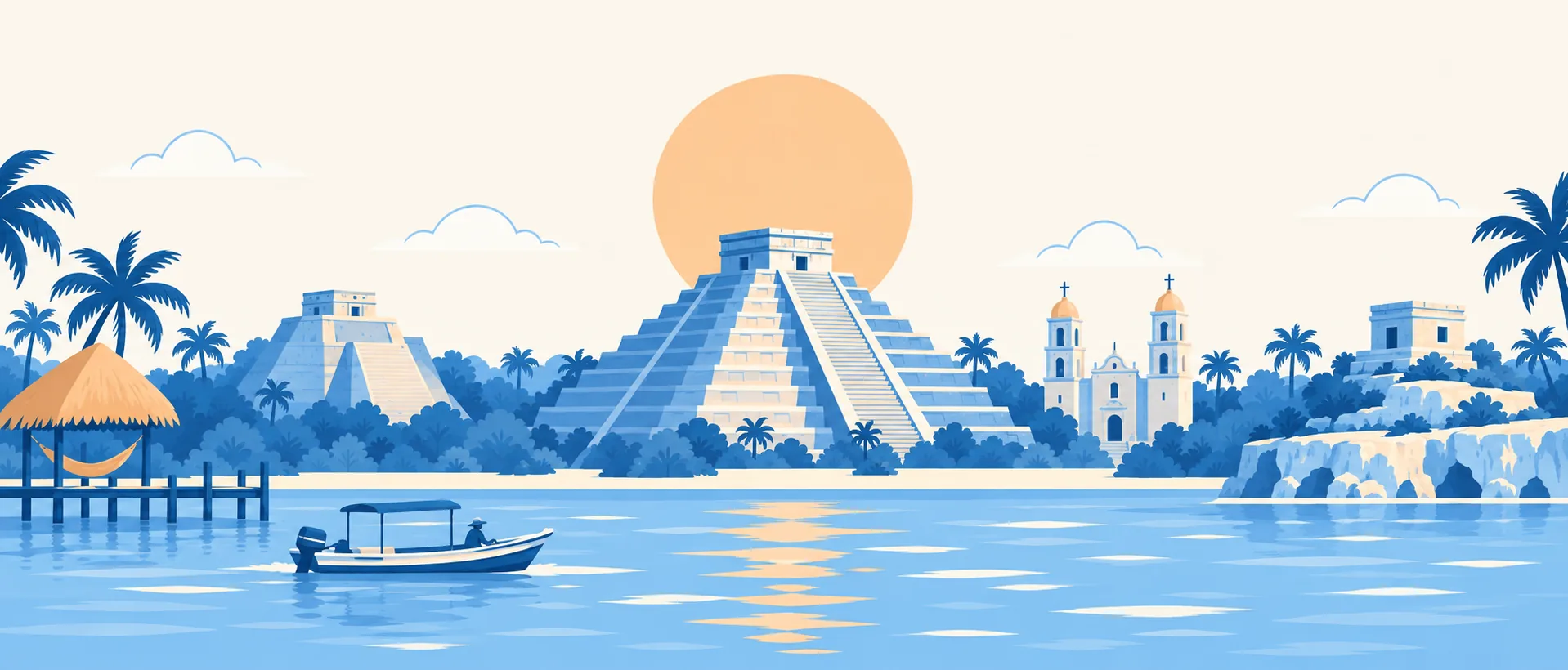 Illustrazione: la piramide di Chichén Itzá, Uxmal, la chiesa di Valladolid, le rovine di Tulum e un pontile sulla laguna di Bacalar